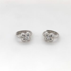 White Gold Diamond Flower Huggie Earrings Solitaire Round Continuous Hoops